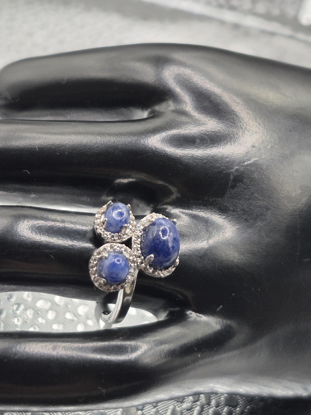 Triple Blue Adventurine Three Stone Halo Ring
